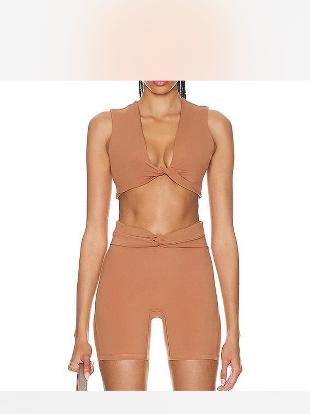 Le Ore Women's Twist Front Crop Top & High-Waist Biker Shorts Set - Camel